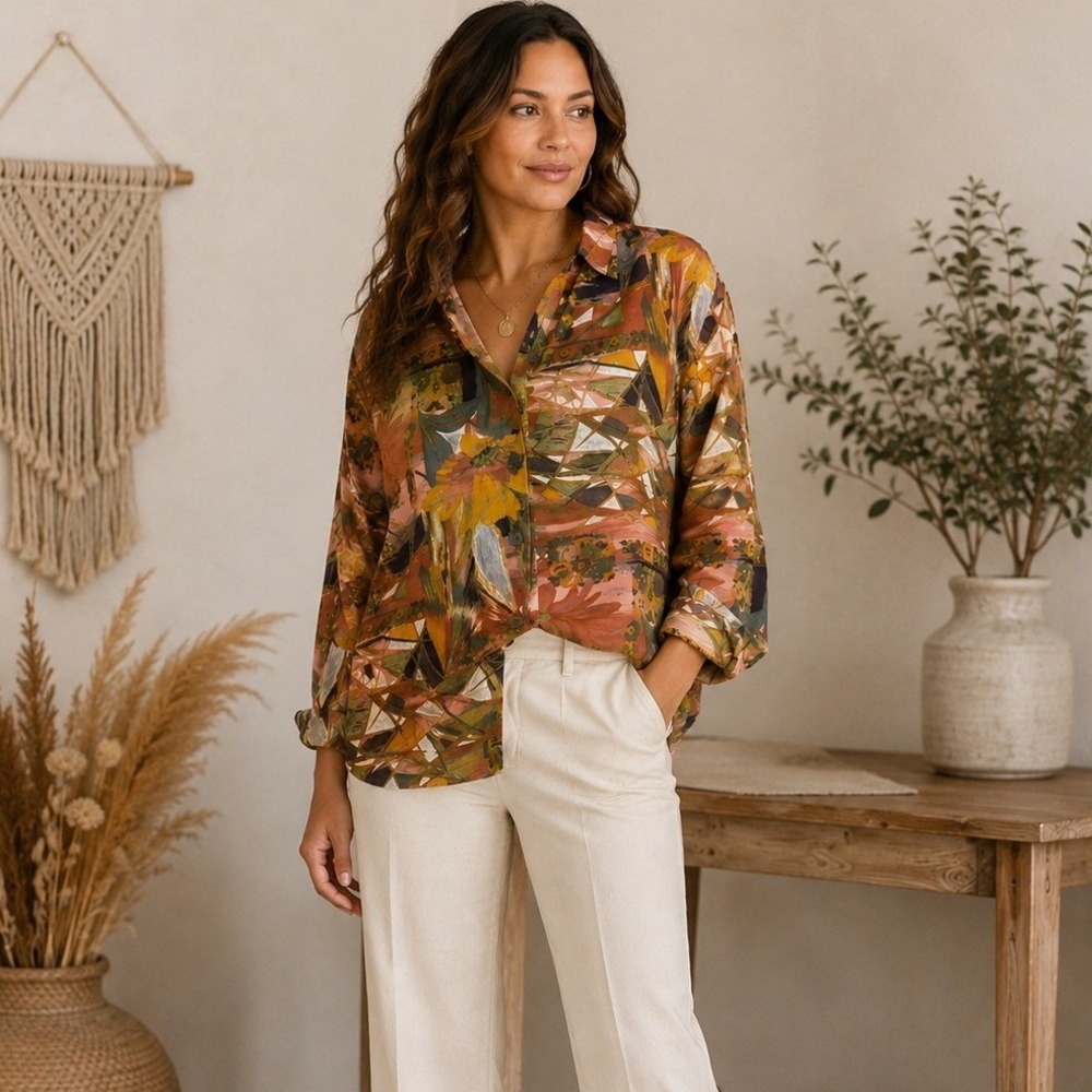 VTG Karen Kane Womens Size 8 Floral Abstract Long Sleeve Button Blouse USA 90s